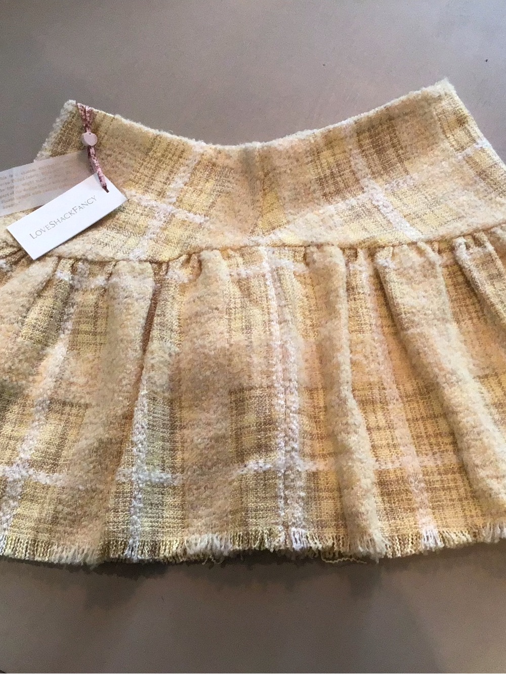 LoveShackFancy Pale Yellow Pleated Tweed Mini Skirt